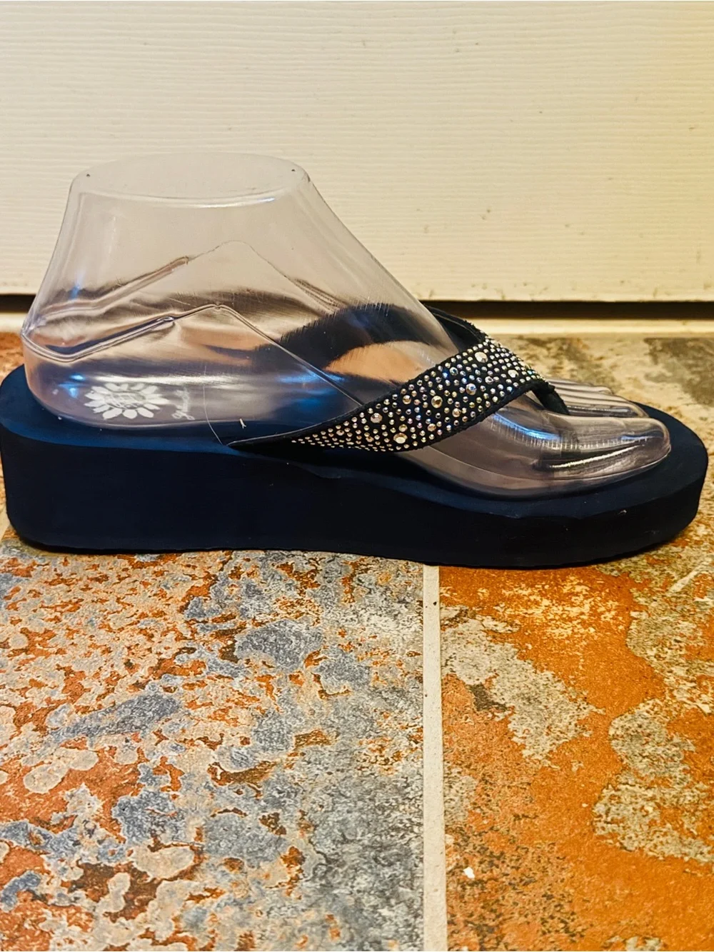 Like New Yellow Box Navy Blue Wedge Rhinestone Sandals! - Picture 8 of 15